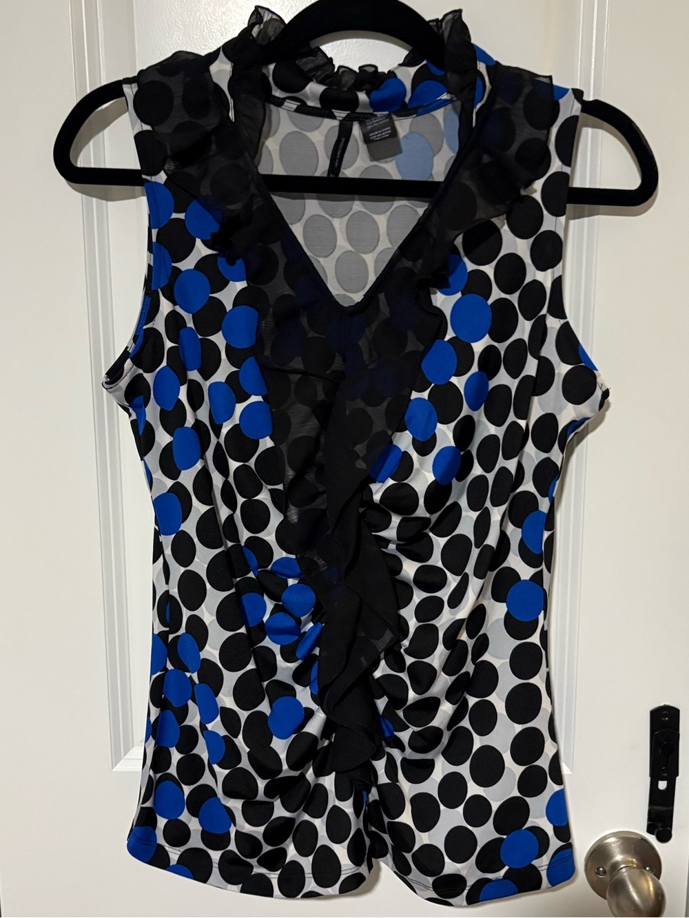 New Directions Blue Black Polka Dot Ruffle Sleeveless Top Size M